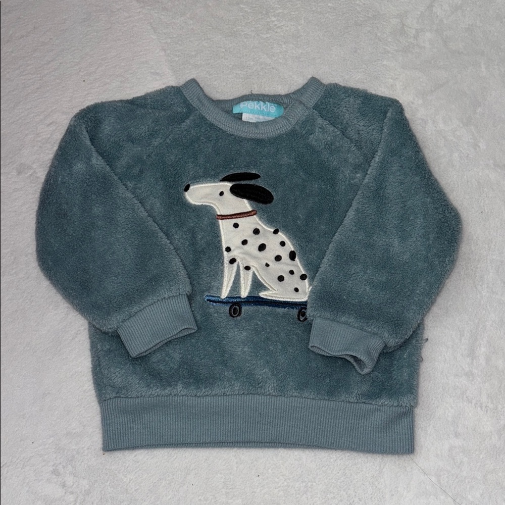 PEKKLE Teal Fuzzy Sweater with Dalmatian Design 12 months 🐶